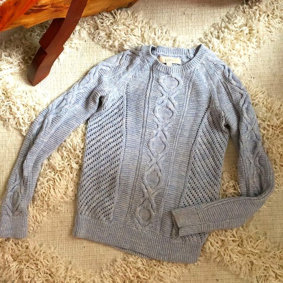 LOFT Sweaters - Heathered Light Blue Cable Knit Crew Neck Sweater
